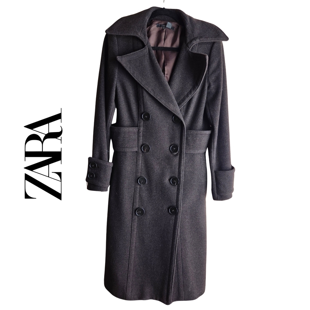 Zara Basic Dark Brown Wool Double-Breasted Coat